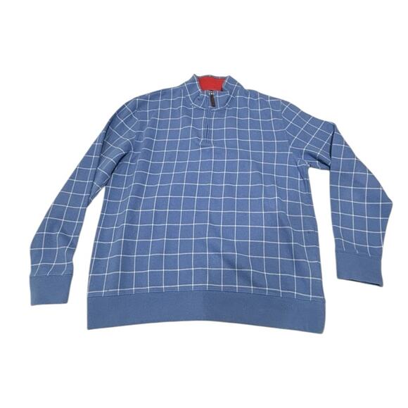 Lands' End Blue & White Windowpane Print 1/4 Zip Long Sleeve Pullover Size LARGE - Picture 1 of 7